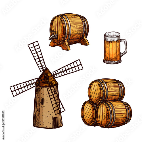 Beer drink isolated sketch set with glass, barrel