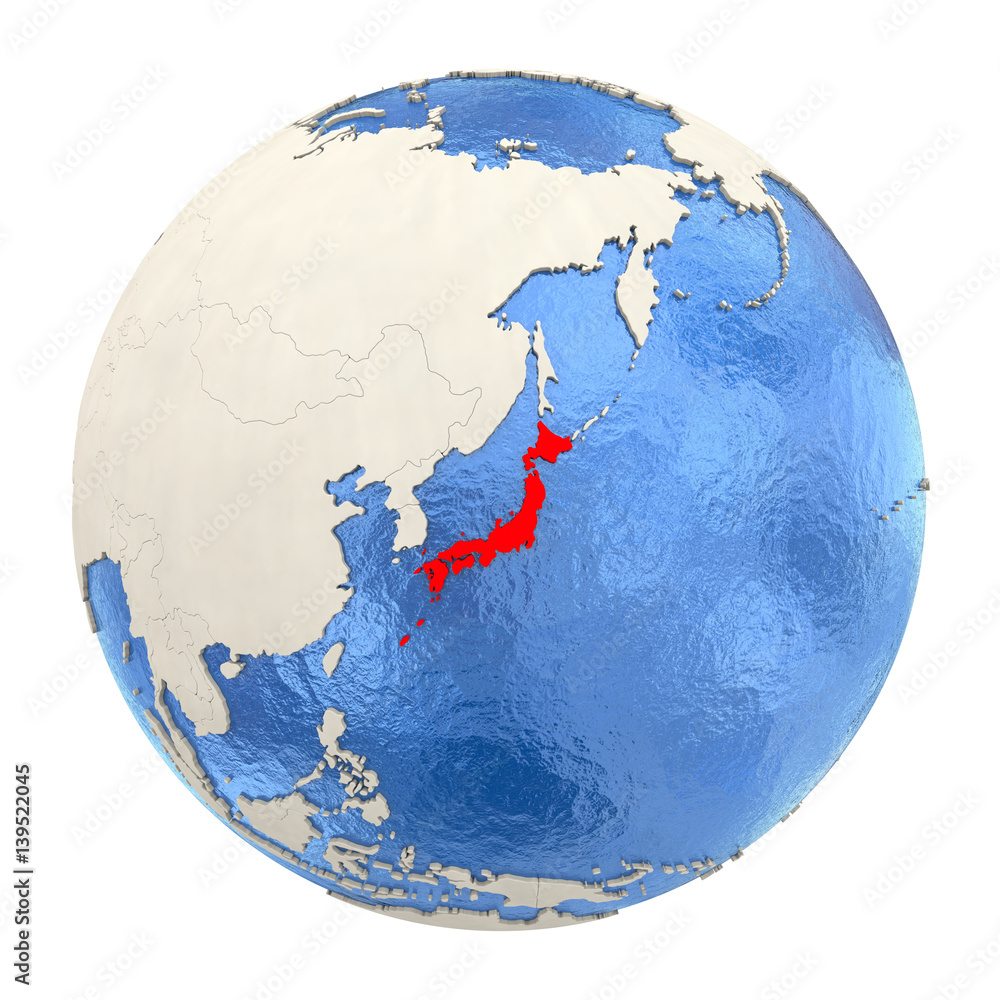 Obraz premium Japan in red on full globe isolated on white