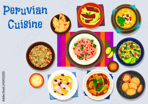 Peruvian cuisine icon with seafood dishes