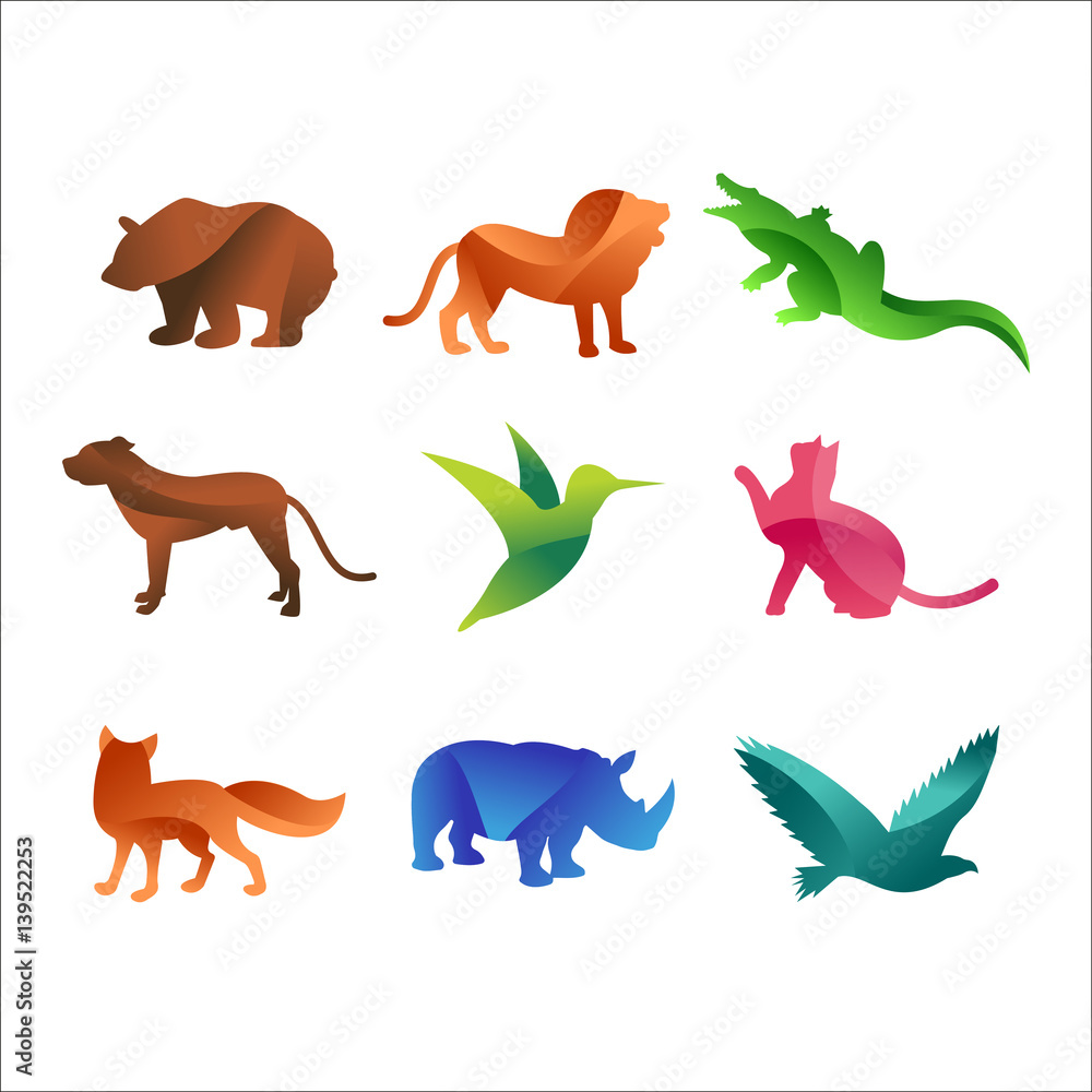 Obraz premium Wild animals jungle pets logo silhouette of geometric polygon abstract character and nature art graphic creative zoo triangle vector illustration.