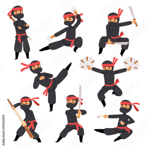 Different poses of ninja fighter in black cloth character warrior sword martial weapon japanese man and karate cartoon person action mask kick vector.