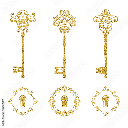 Golden glitter vintage keys and keyholes set. Vector illustration.