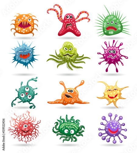 Germs cartoon characters isolated on white background. Funny bacteria and virus colored set vector illustration