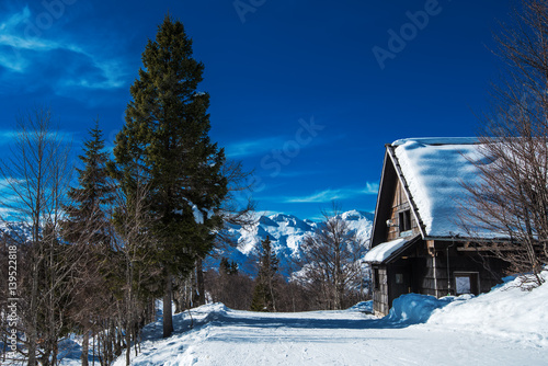 Mountain cottage in snow