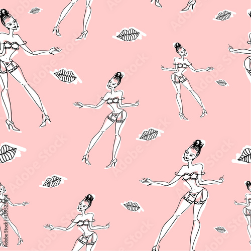 Cute beautiful seamless pattern with hand drawn flirty girls and lips. Vector illustration