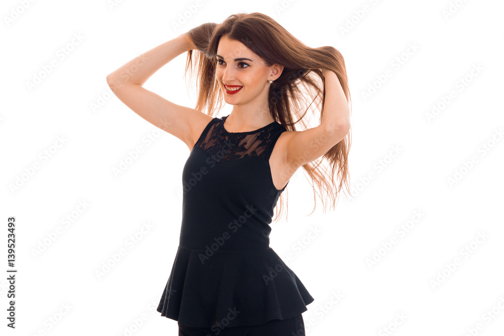 cheerful young brunette woman with red lips smiling isolated on white background cheerful young brunette woman with red lips smiling isolated on white background