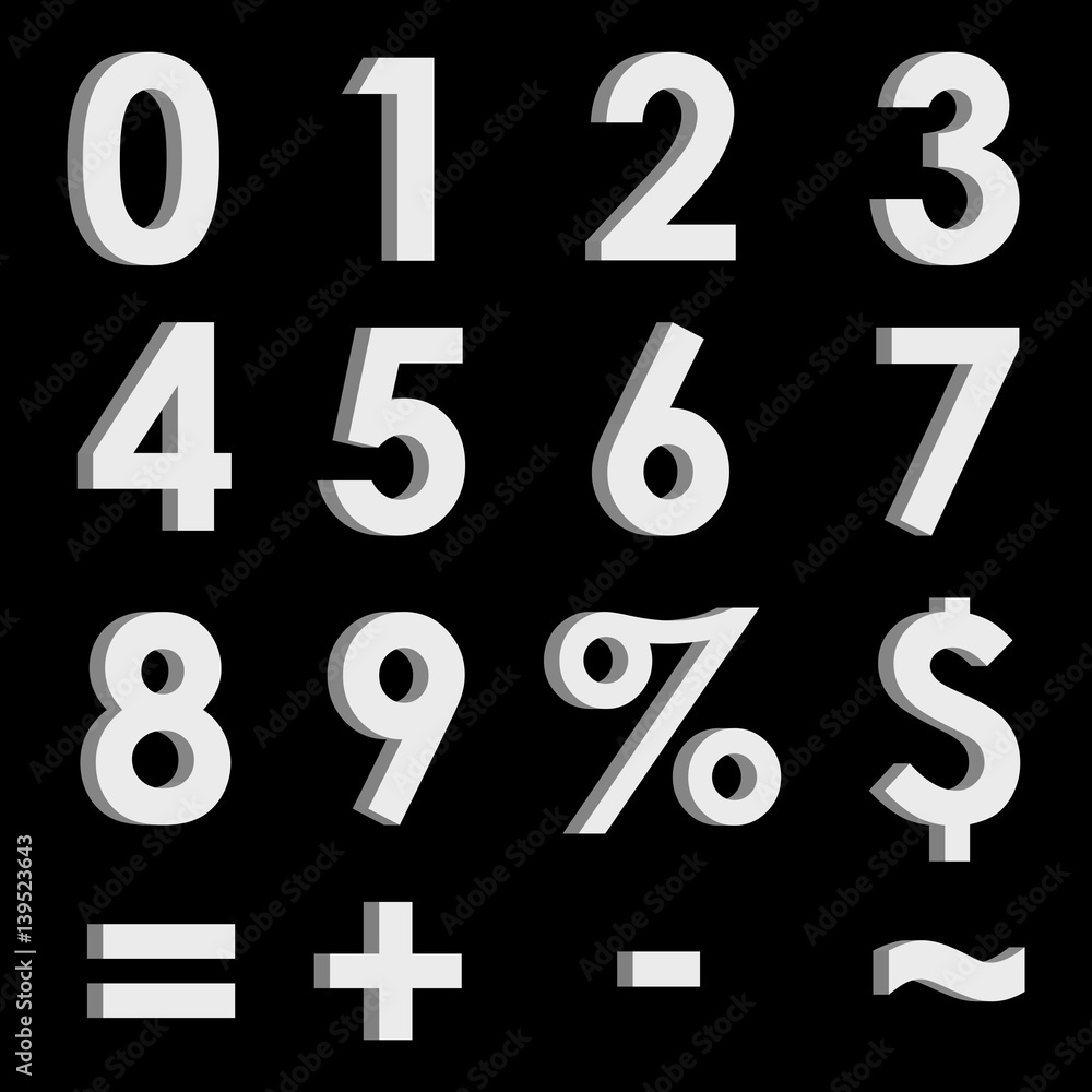 White 3D numbers and symbols on black background. Three-dimensional numbers and finance signs. Vector illustration White 3D numbers and symbols on black background. Three-dimensional numbers and finance signs. Vector illustration