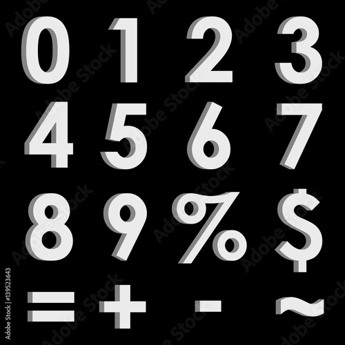 White 3D numbers and symbols on black background. Three-dimensional numbers and finance signs. Vector illustration