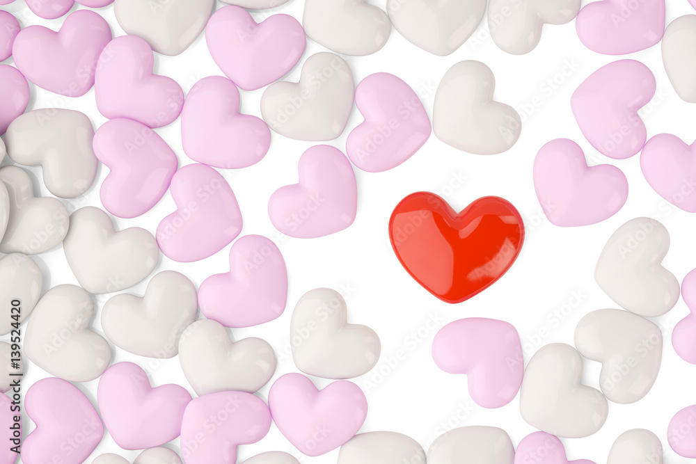 Big hearts in many hearts. 3D illustration.