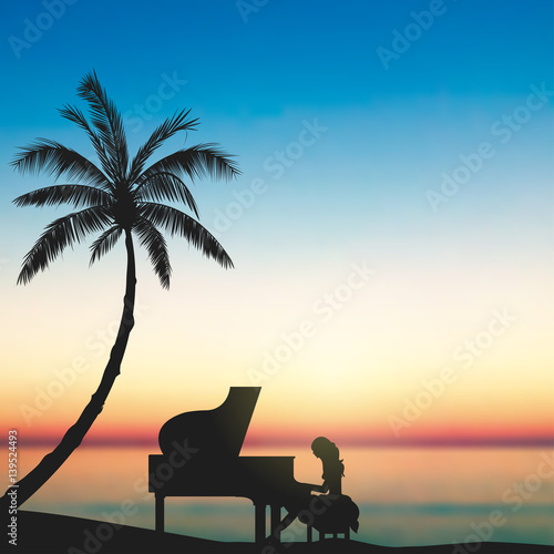 Pianist, Sunset, Seaside, Tropical Island