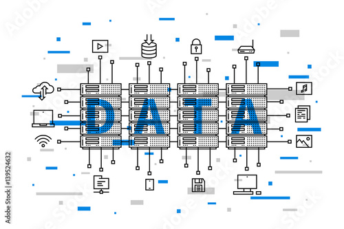 Data center network technology vector illustration. Internet server equipment line art creative concept. Hosting (cloud, datacenter) hardware graphic design. Network database infrastructure system.
