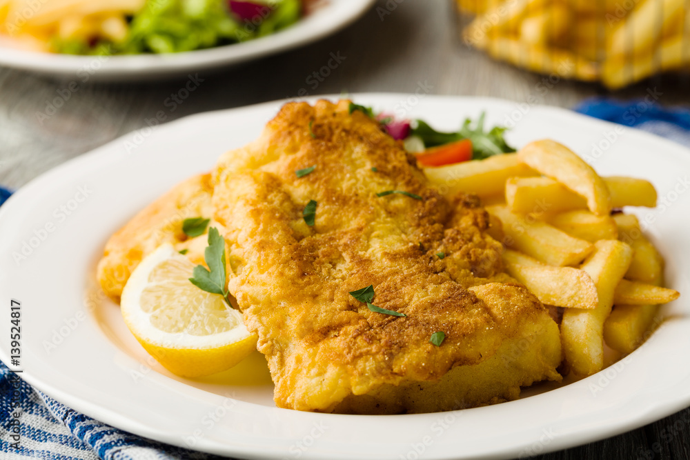 Fried cod with chips. Fried cod with chips.