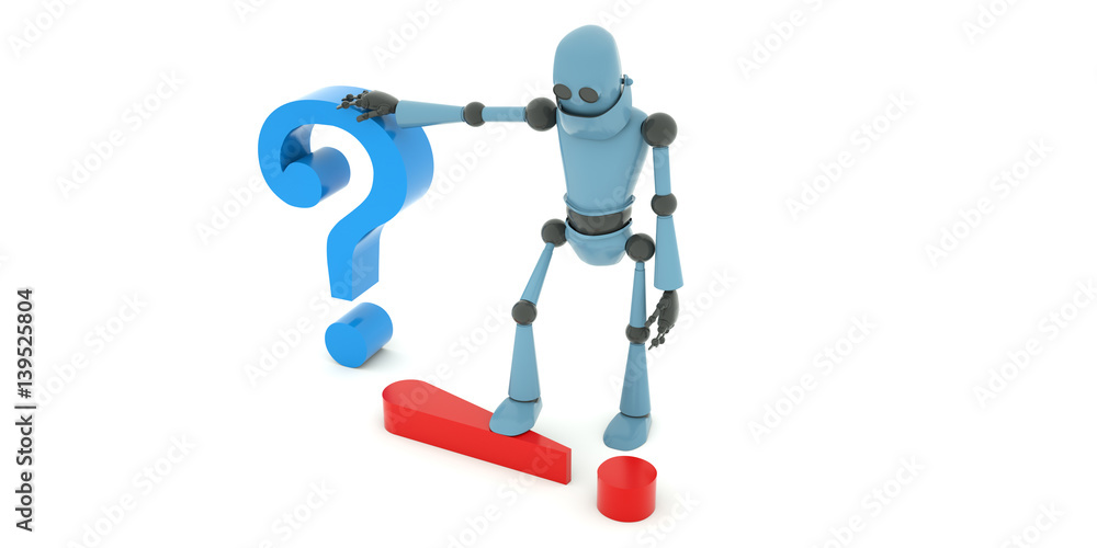 The robot leaning on a big question mark and a big exclamation mark, 3d render The robot leaning on a big question mark and a big exclamation mark, 3d render