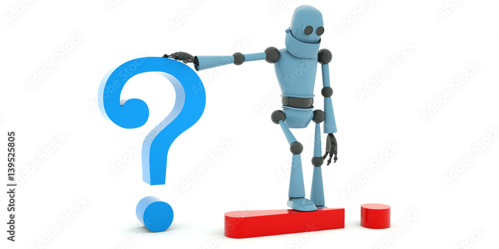 The robot leaning on a big question mark and a big exclamation mark, 3d render The robot leaning on a big question mark and a big exclamation mark, 3d render