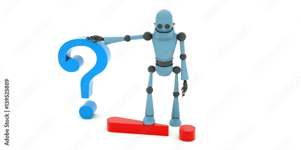 The robot leaning on a big question mark and a big exclamation mark, 3d  render Stock Illustration | Adobe Stock