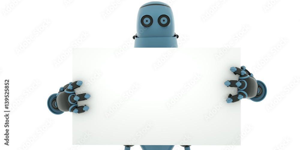 Robot holds in his hands a poster in all growth, 3d render