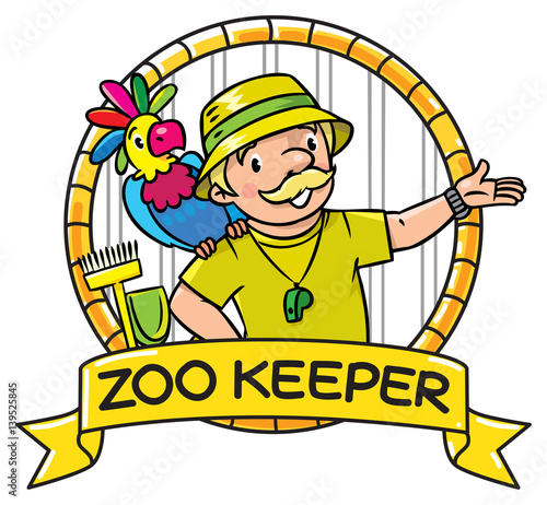 Funny zoo keeper with parrot. Emblem