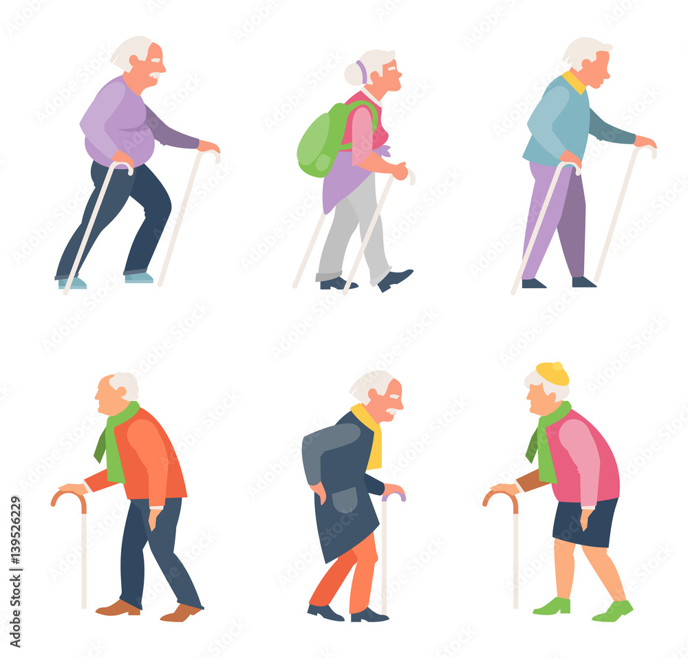 Nordic walking. Old people travelers with canes.