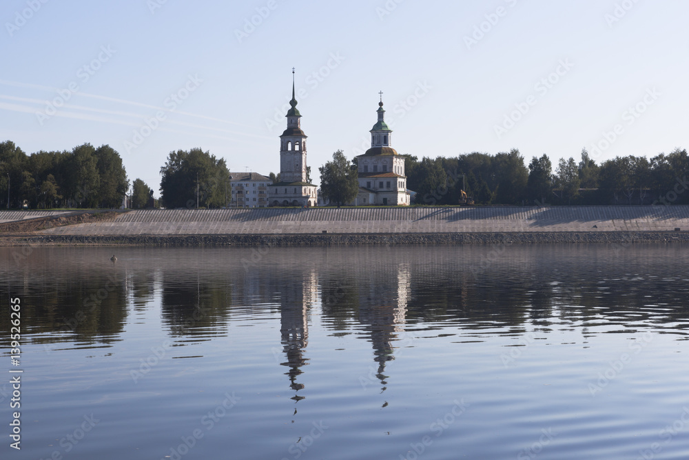 View from the river Sukhona on a church of St. Nicholas in the city of Veliky Ustyug on a summer morning, Vologda region, Russia