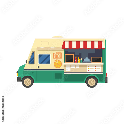 Street food truck shop isolated on white background. Mobile kitchen van vector illustration.