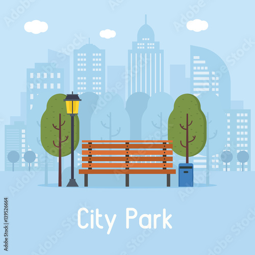 Summer city park landscape with wooden bench, street lamp, trashcan and green trees on modern city background. Pubic park banner in flat design.