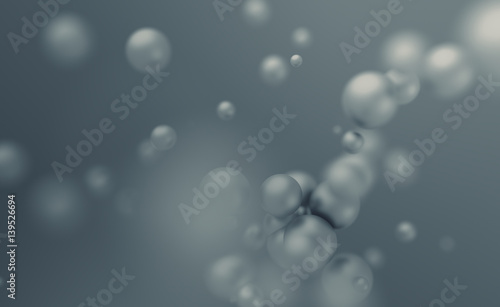 Abstract 3d rendering of chaotic spheres. Flying particles in empty space. Dynamic shape. Futuristic background with bokeh  depth of field effect. Design for poster  banner  placard.