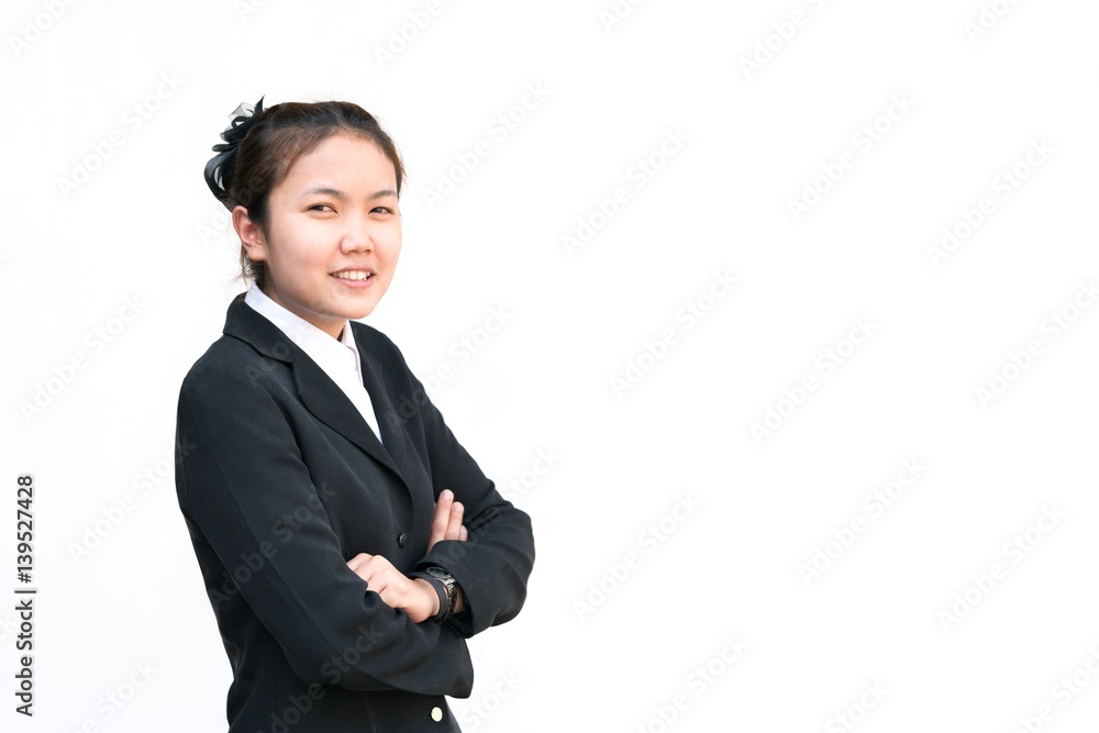 asia business woman 20 - 30 yearold cross one's arm on white background with copy space. asia business woman 20 - 30 yearold cross one's arm on white background with copy space.