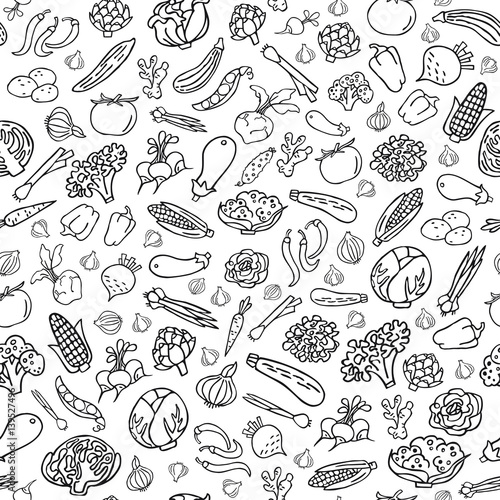 Hand drawn vegetables vector seamless pattern in line style