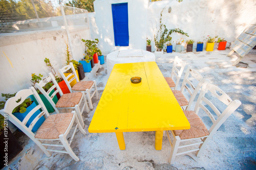 Summer empty openair cafe in popular area in Mykonos Little Venice © travnikovstudio