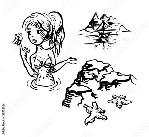 Inkt tekening van meisje in zee