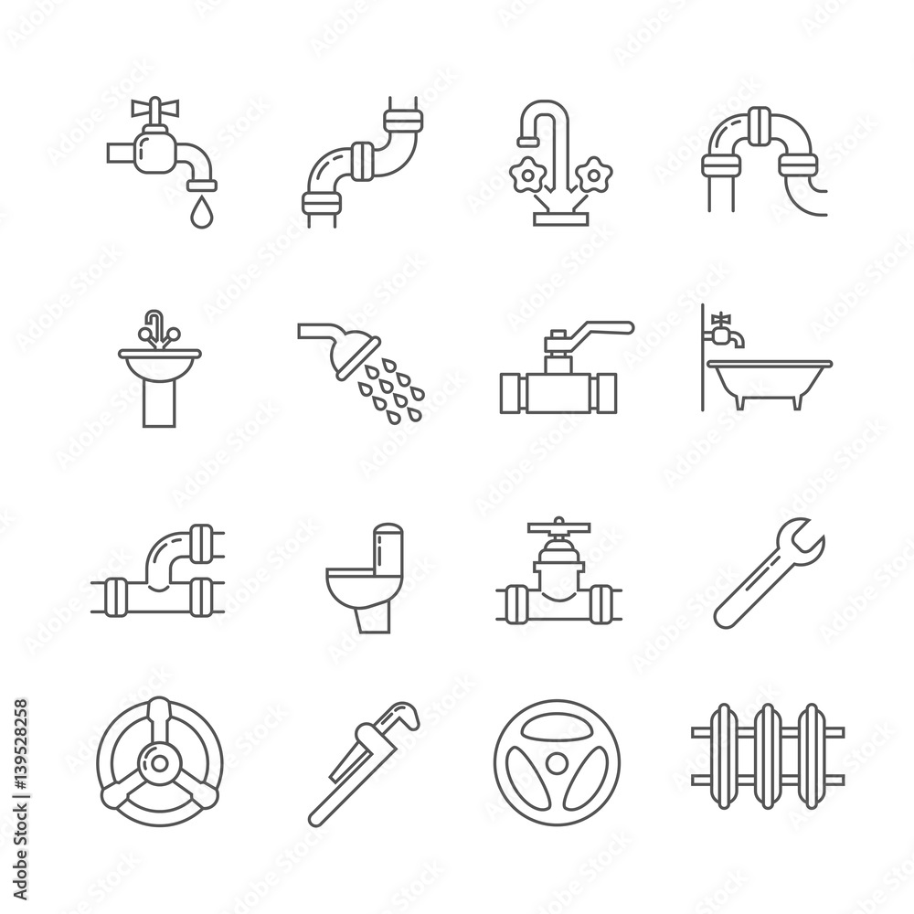 Fototapeta premium Plumbing, sewerage, pipe, faucet thin line vector icons set