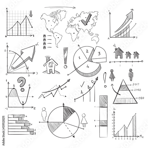 Population demography doodle vector infographic with hand drawn charts, pie graphs, diagrams, world map and sketch people icons