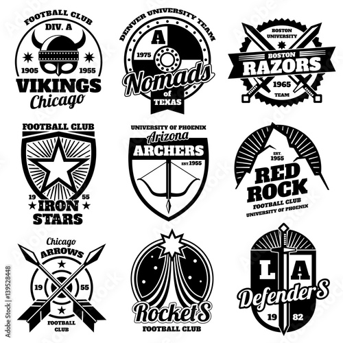 School emblems, college athletic teams sports labels, t-shirt graphics vector collection