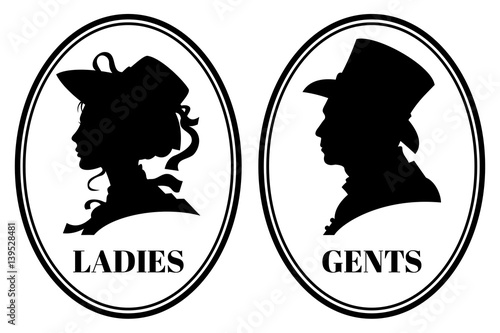 Vintage toilet wc vector sign with lady and gentleman head in victorian hats and clothes photo