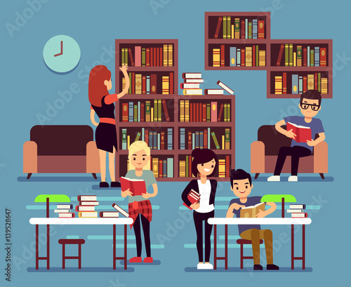 Studying students in library interior with books and bookshelves vector illustration