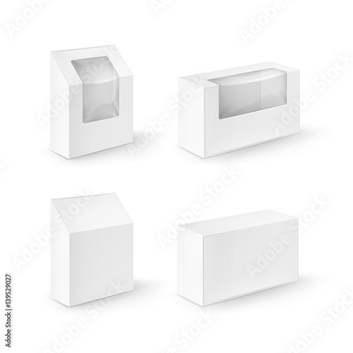 Vector Set of White Blank Cardboard Rectangle Take Away Boxes Packaging For Sandwich, Food, Gift, Other Products with Plastic Window Mock up Close up Isolated on White Background