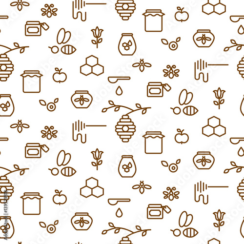 Beekeeping outline icon seamless vector pattern. Line style monochrome honey bee background. © YoPixArt