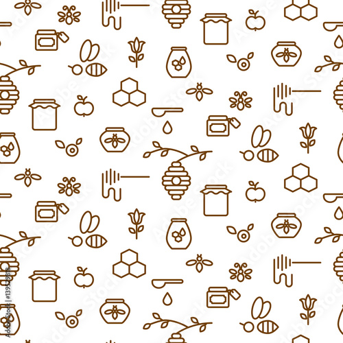 Beekeeping outline icon seamless vector pattern. Line style monochrome honey bee background.