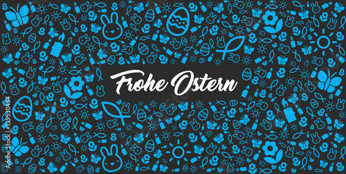 Grußkarte zu Ostern mit Icons und Frohe Ostern Schrift