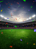 stadium sunset Confetti and tinsel with people fans. 3d render illustration cloudy sky 