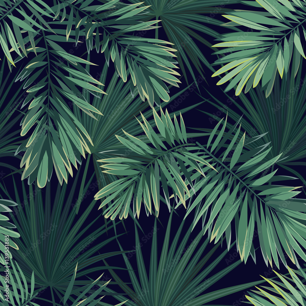 Fototapeta premium Dark tropical background with jungle plants. Seamless vector tropical pattern with green phoenix palm leaves.