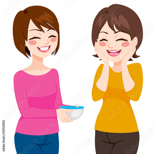 Happy friendly neighbor women sharing homemade food on food container