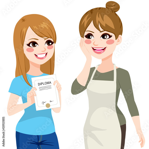 Beautiful daughter showing school diploma to proud and happy mother
