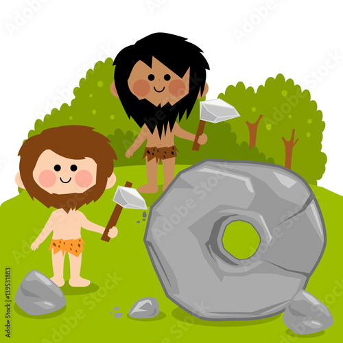 Cavemen carving a big stone and creating a wheel. Vector illustration