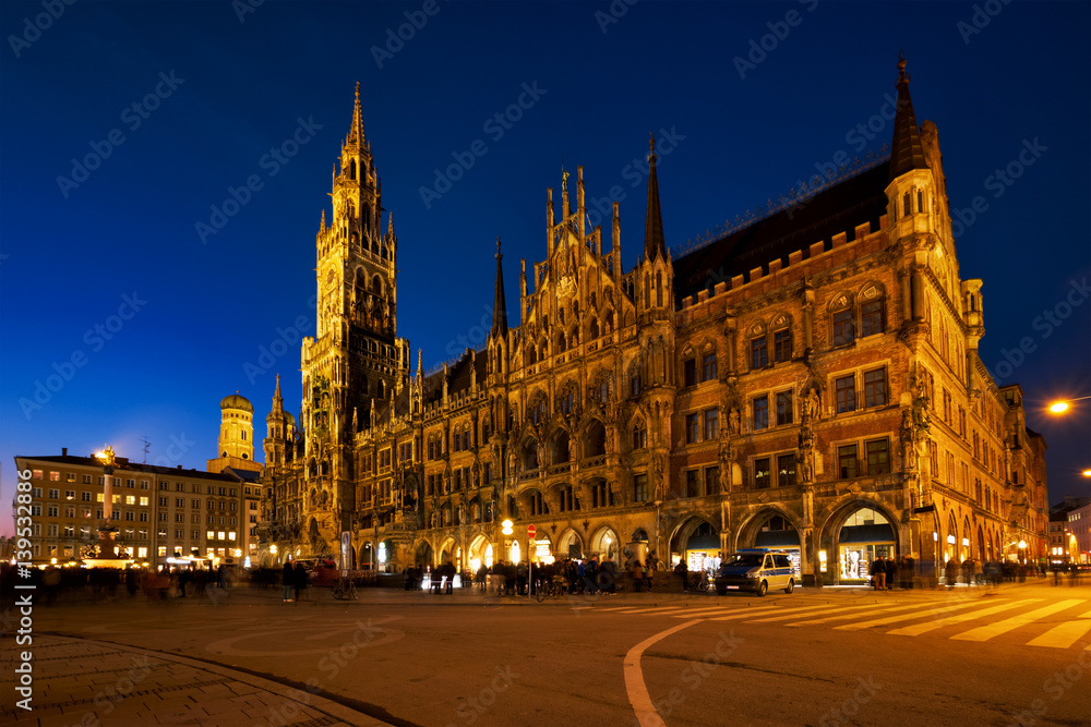 Marienplatz square at night with New Town Hall Neues Rathaus