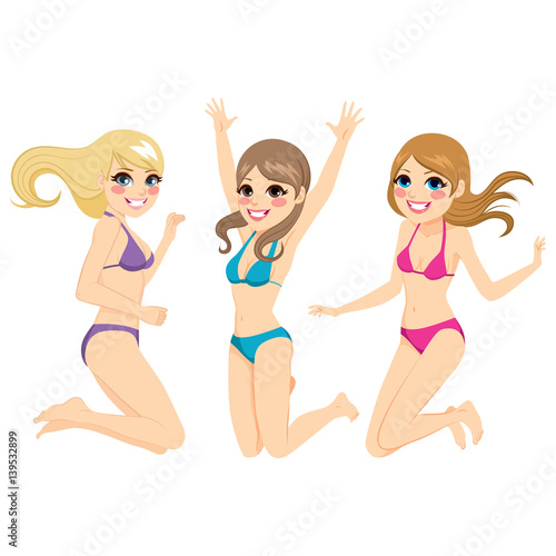 Three beautiful young teenager girls wearing bikinis jumping happy