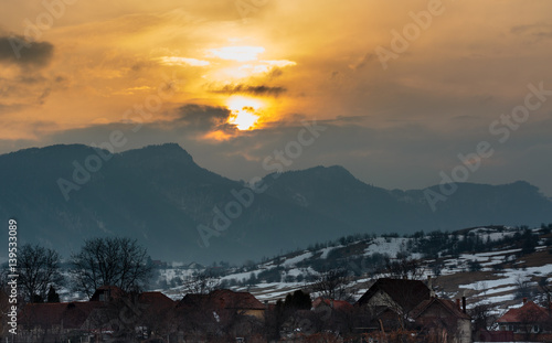 Sunset over mountain village