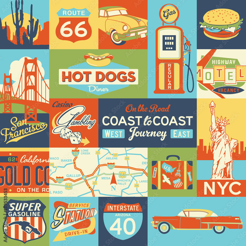 Naklejka premium American travelers trip coast to coast icons vector seamless pattern