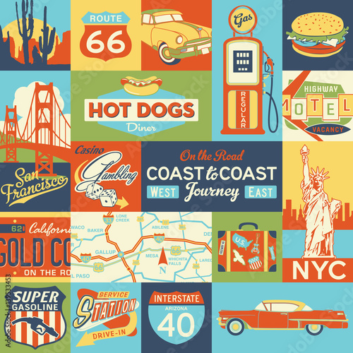 American travelers trip coast to coast icons vector seamless pattern