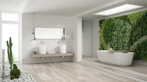 Minimalist white bathroom with vertical and succulent garden  wooden floor and pebbles  hotel  spa  modern interior design